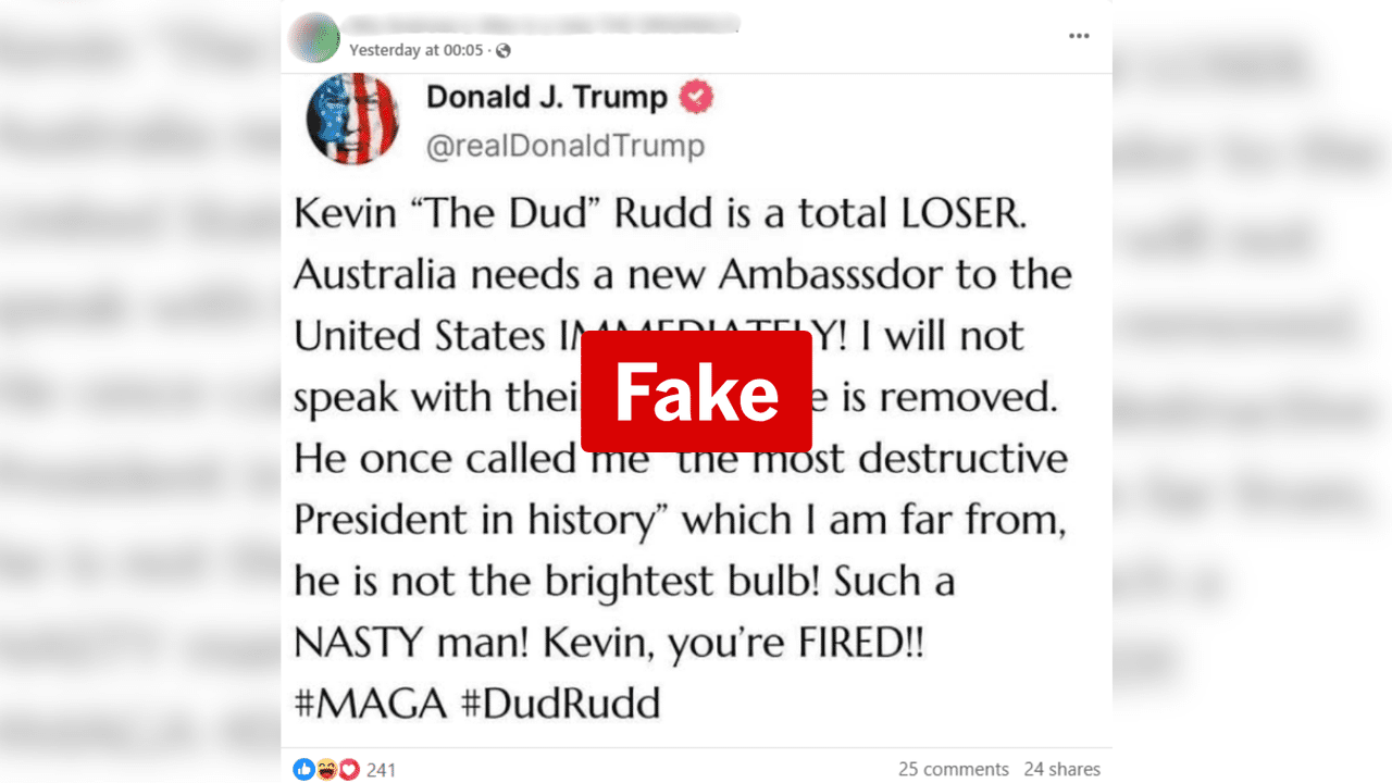 Fake Facebook post of Donald Trump slamming Kevin Rudd on Truth Social