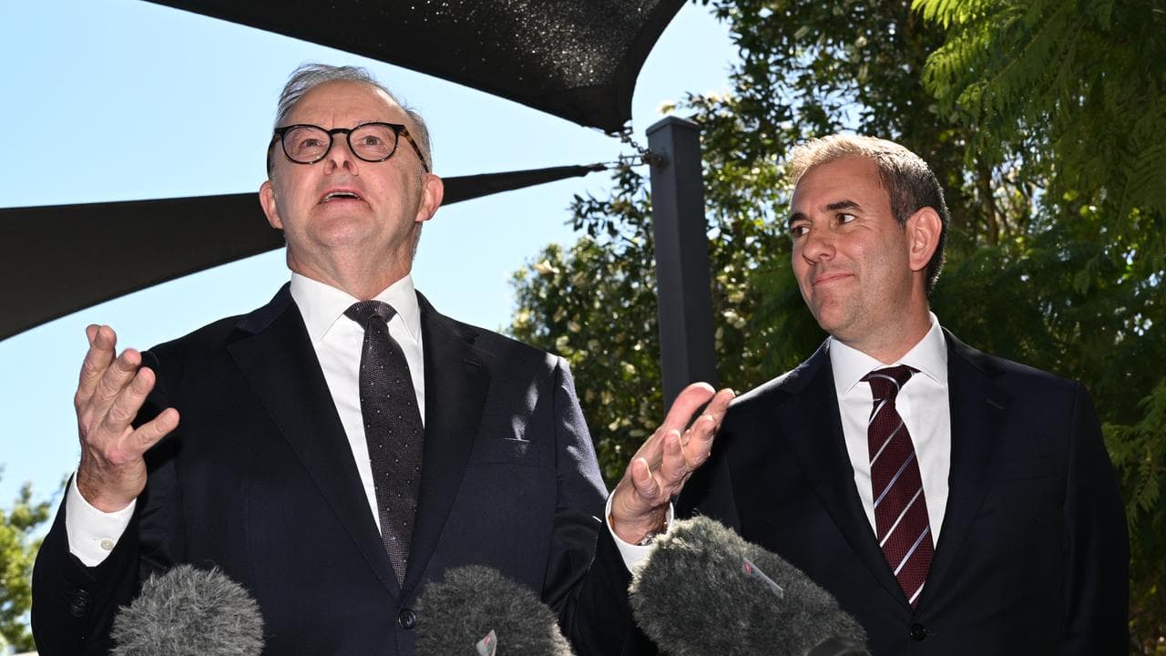 Anthony Albanese and Jim Chalmers speaking to media.