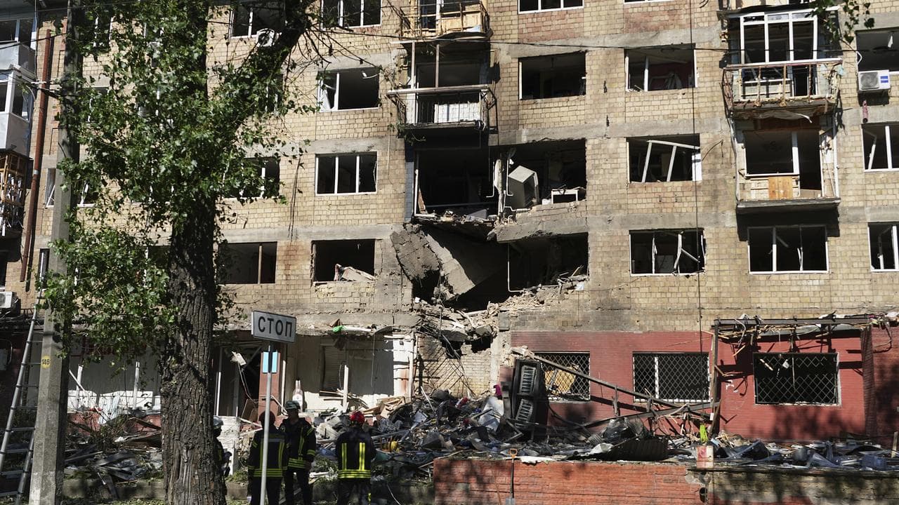 Building after a Russian drone and missile attacks in Kyiv, Ukraine