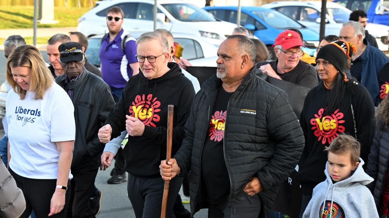 Anthony Albanese and Michael Long walk on the long walk for the voice