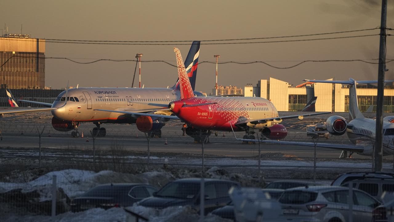 Aeroflot passenger planes at Sheremetyevo airport, Moscow