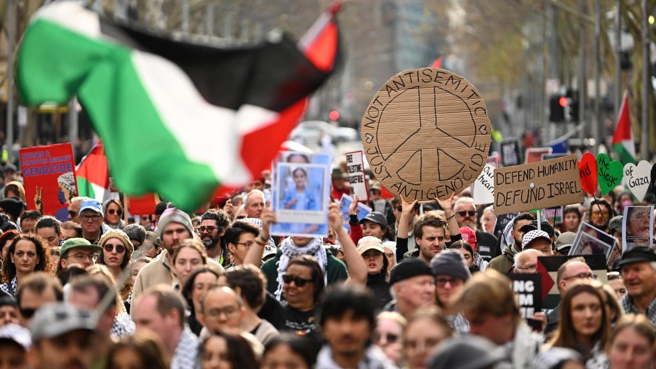 Protesters march during a Pro-Palestine rally