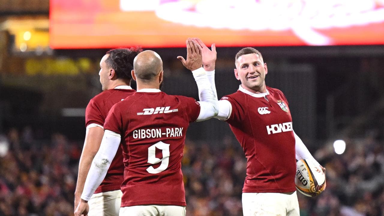 British and Irish Lions players celebrating.