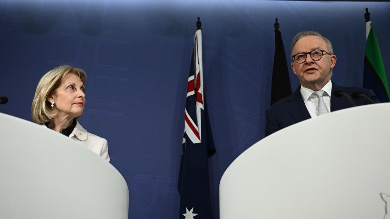 Jillian Segal and Anthony Albanese at lecterns