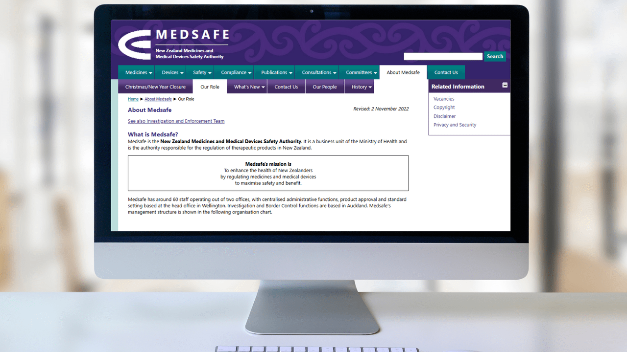 Medsafe home page on computer screen
