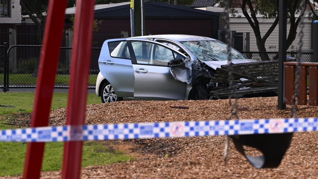 A car is seen in a playground after a crash in Melbourne
