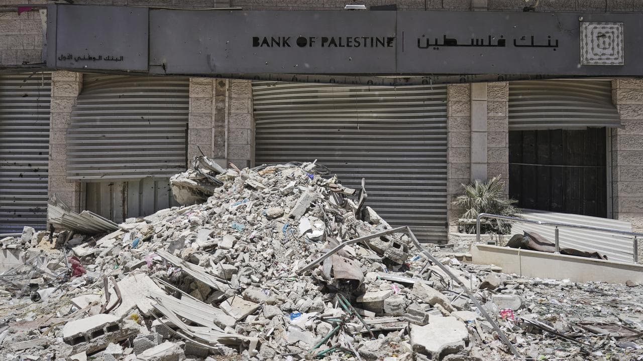 A destroyed branch of the Bank of Palestine