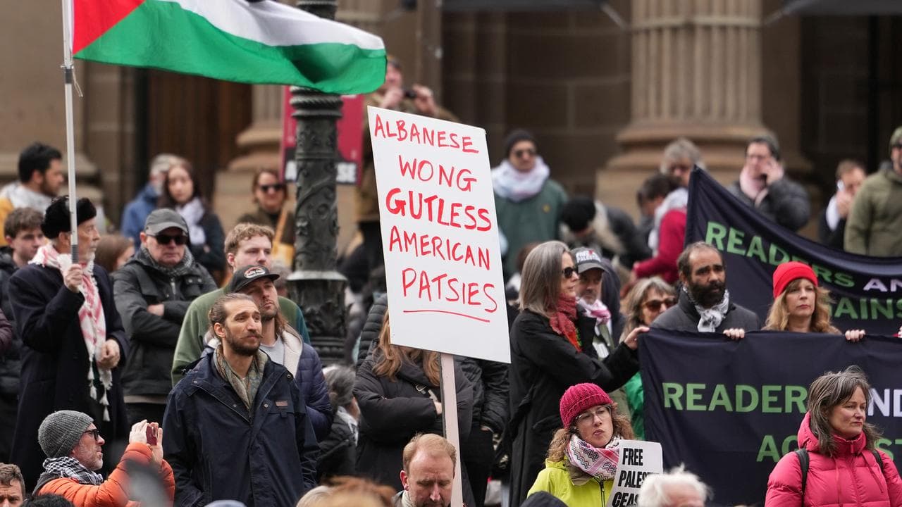 A protester holds a sign at a pro-Palestine rally