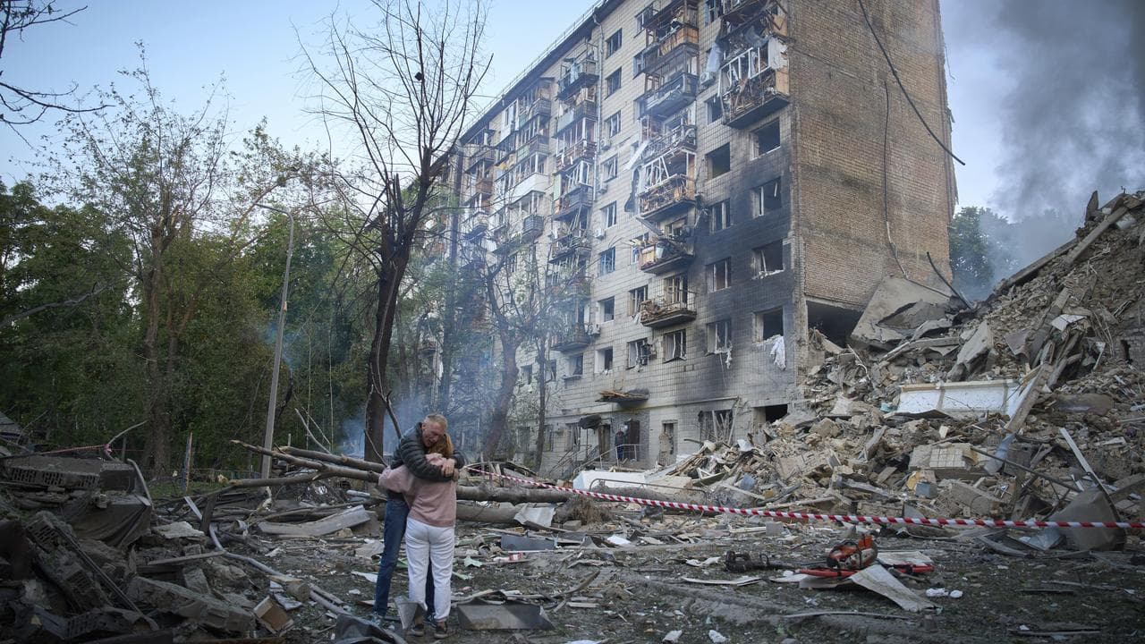 Building after a missile and drone air attack in Kyiv, Ukraine