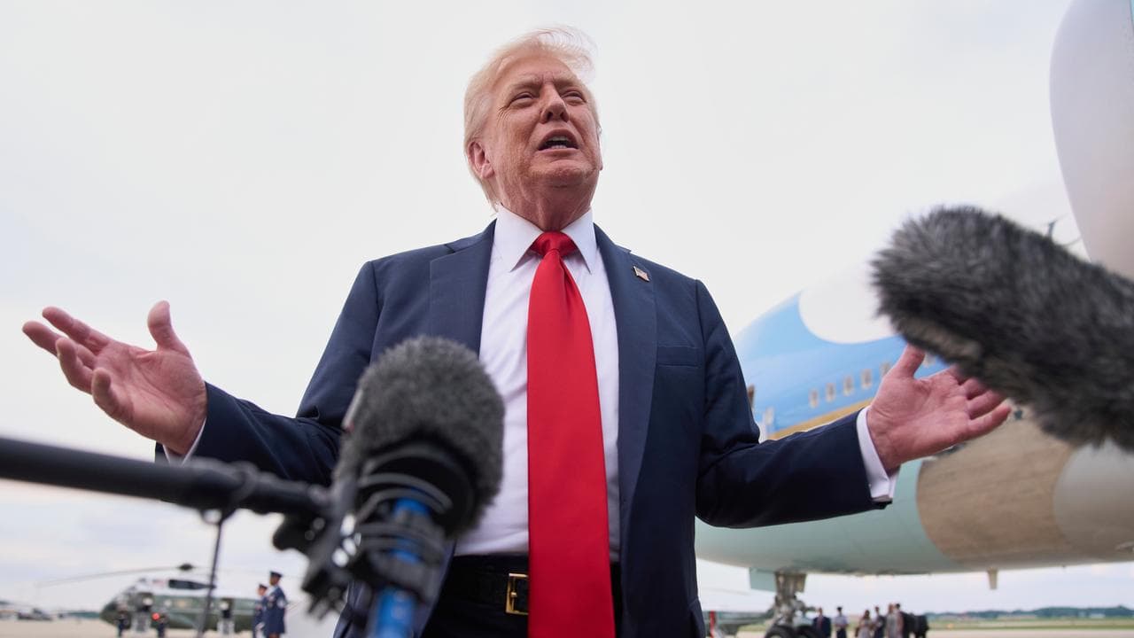 US President Donald Trump speaks to the media