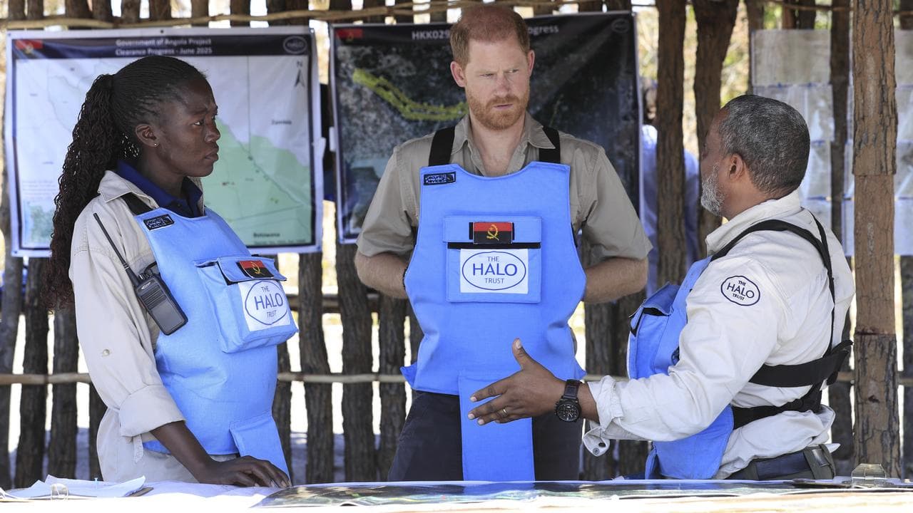 Harry listens during a visit to see the work of the Halo Trust