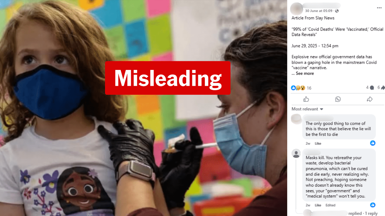 Fbook post w/ Slay News story claiming NZ COVID deaths due to vaccine