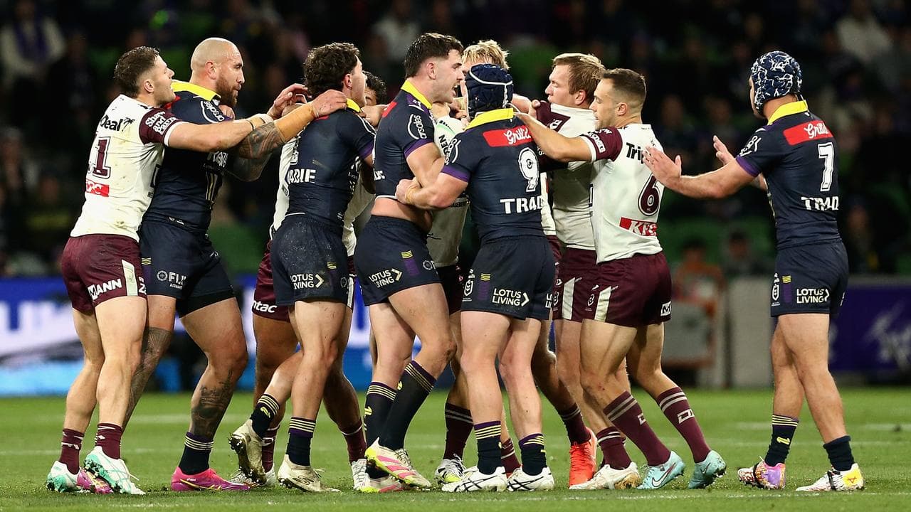 Scuffle between Melbourne and Manly players.