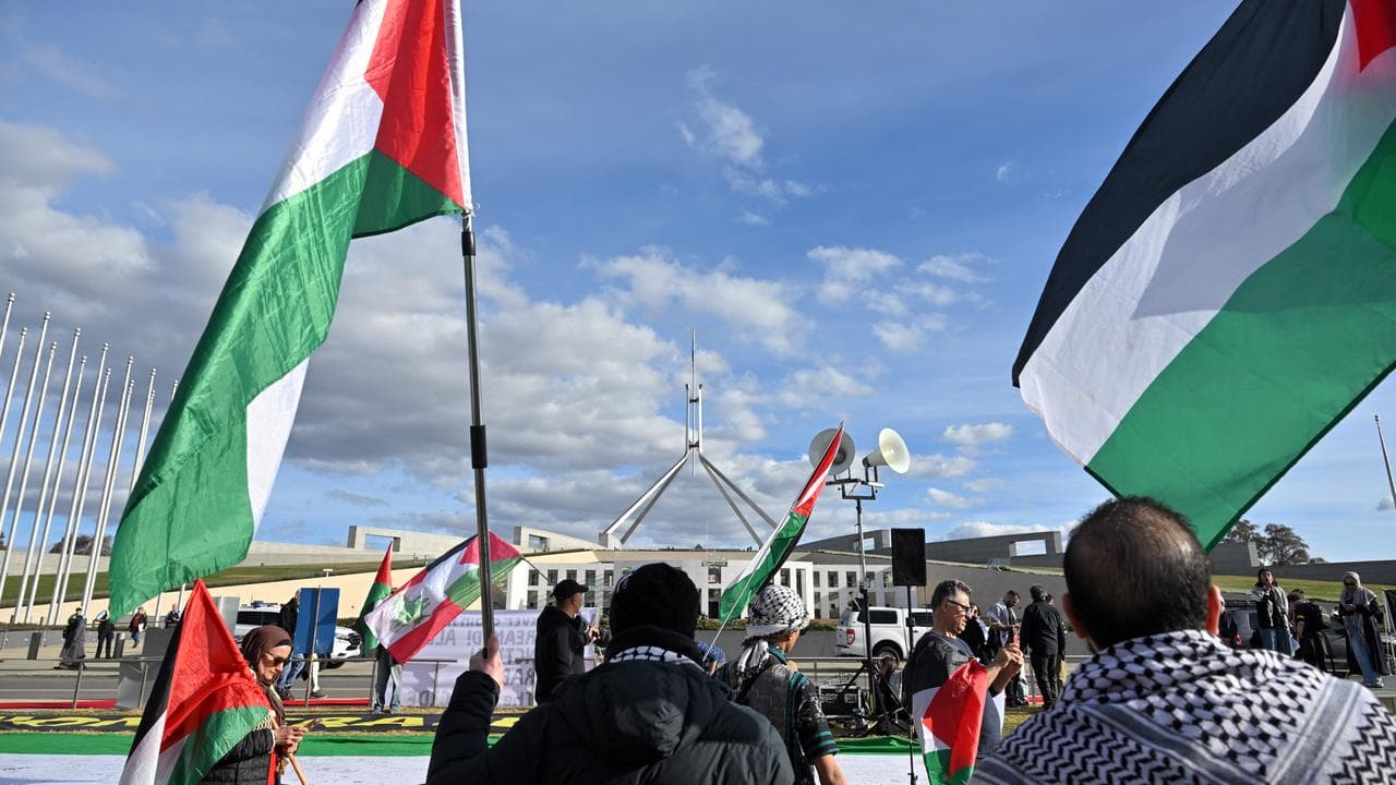 A pro Palestine rally outside Parliament House in Canberra