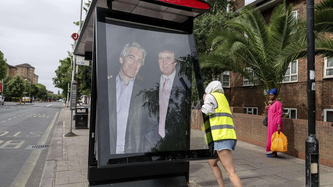 A poster of Donald Trump and Jeffrey Epstein put up in London