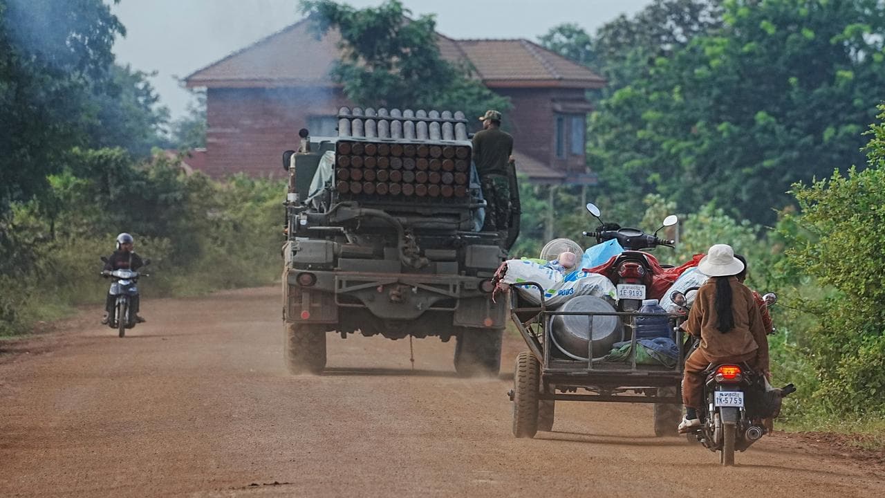 Cambodians evacuating from villages near the Thai border