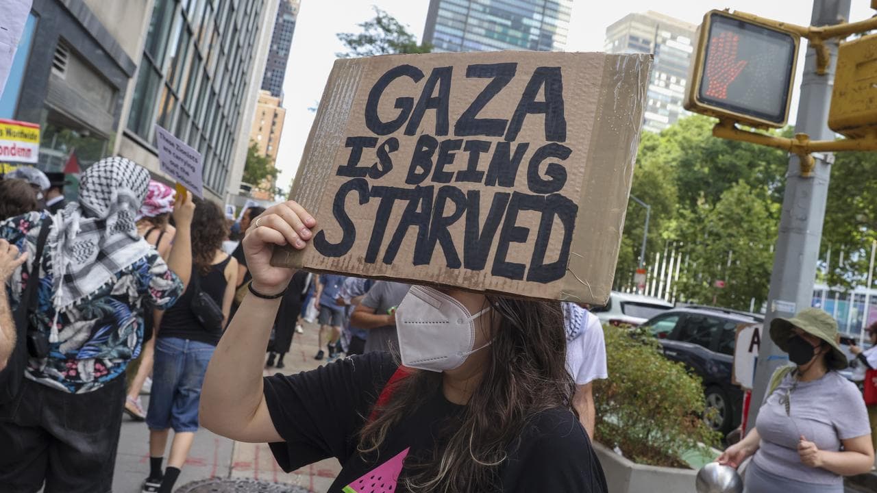 A protester outside the UN in New York
