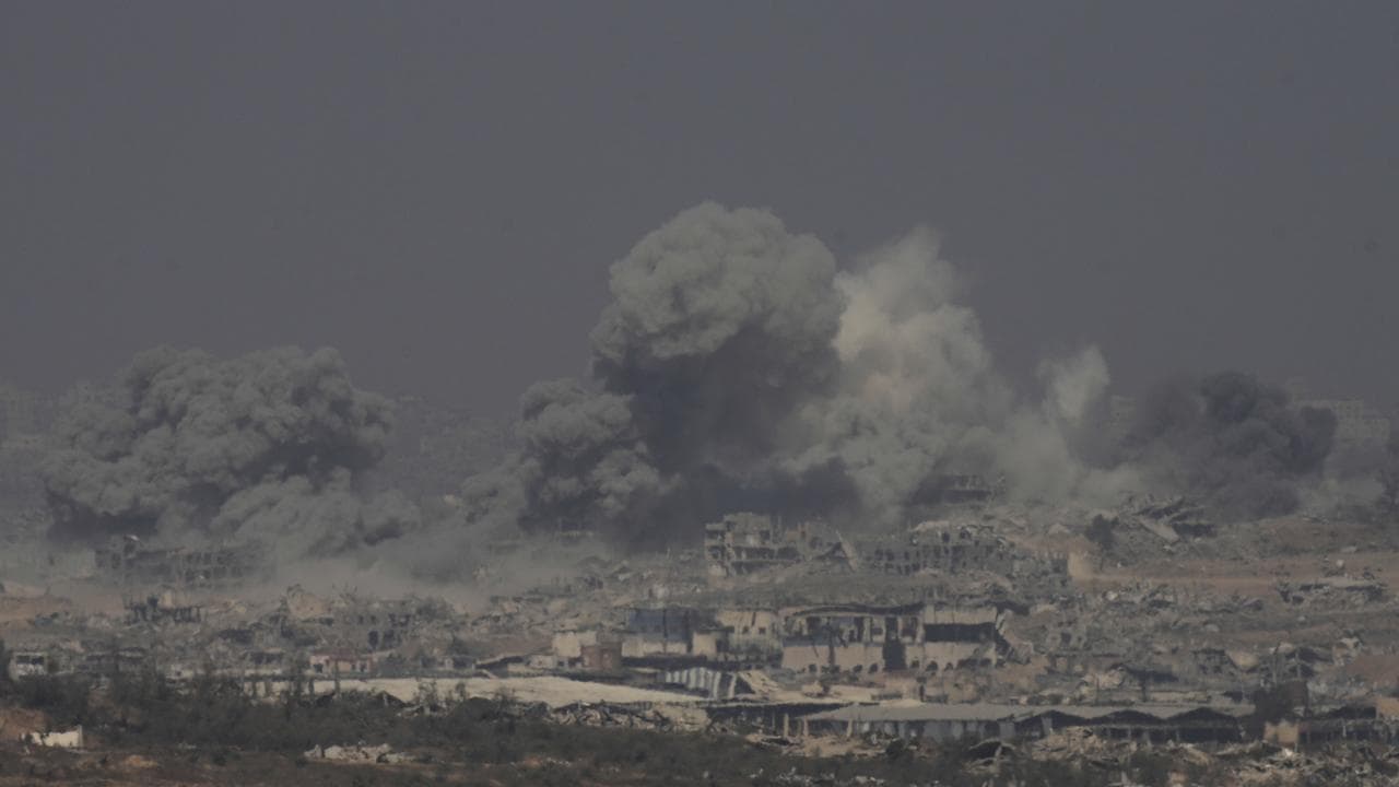 Smoke rises from an explosion in the northern Gaza Strip