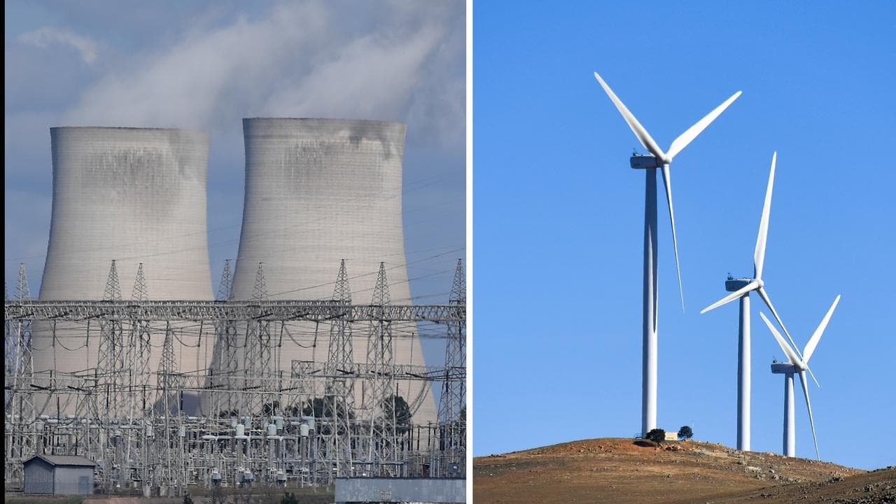 A coal-fired power station and wind turbines