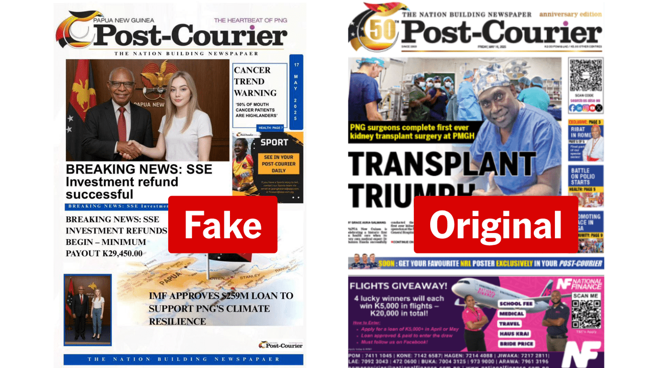 Fake and real PNG Post-Courier front pages