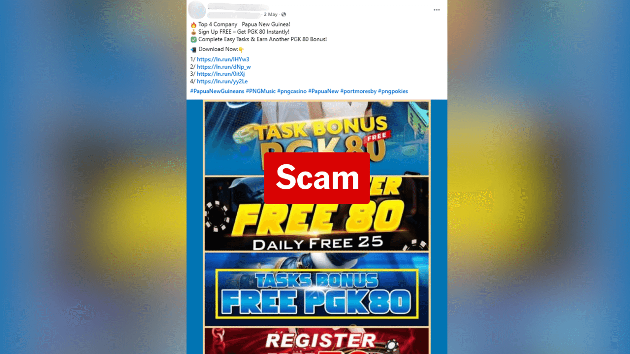 Former PNG SSE scam Facebook post now casino ad