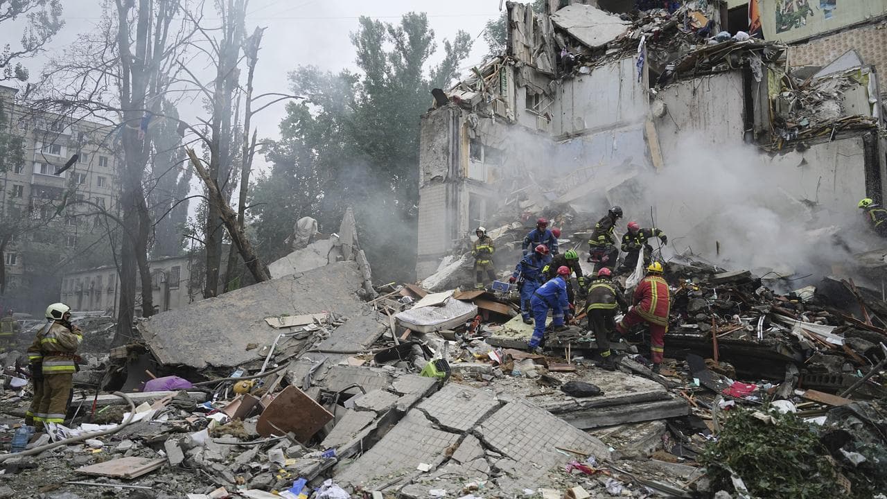 Destroyed apartment building after a Russian attack in Kyiv, Ukraine