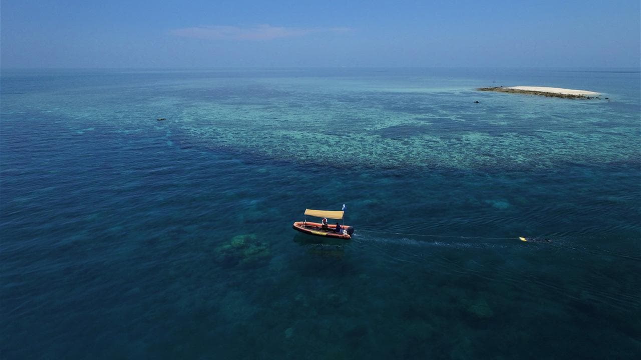 An aerial view of a Great Barrier Reef monitoring program