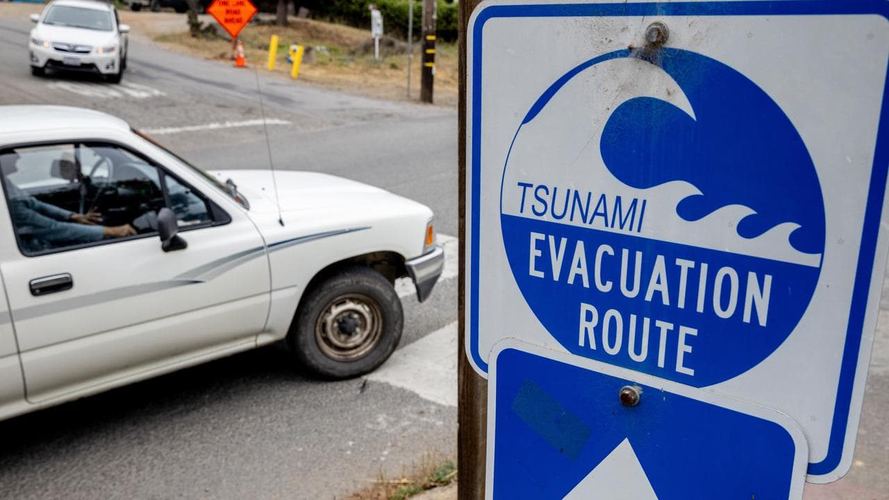 Tsunami evacuation route sign, Stinson Beach, Calif, July 30, 2025.