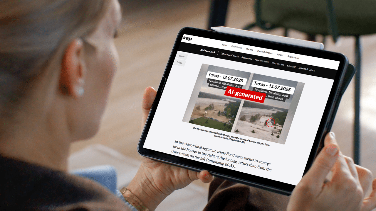 Woman looking at tablet with AAP FactCheck story on it.