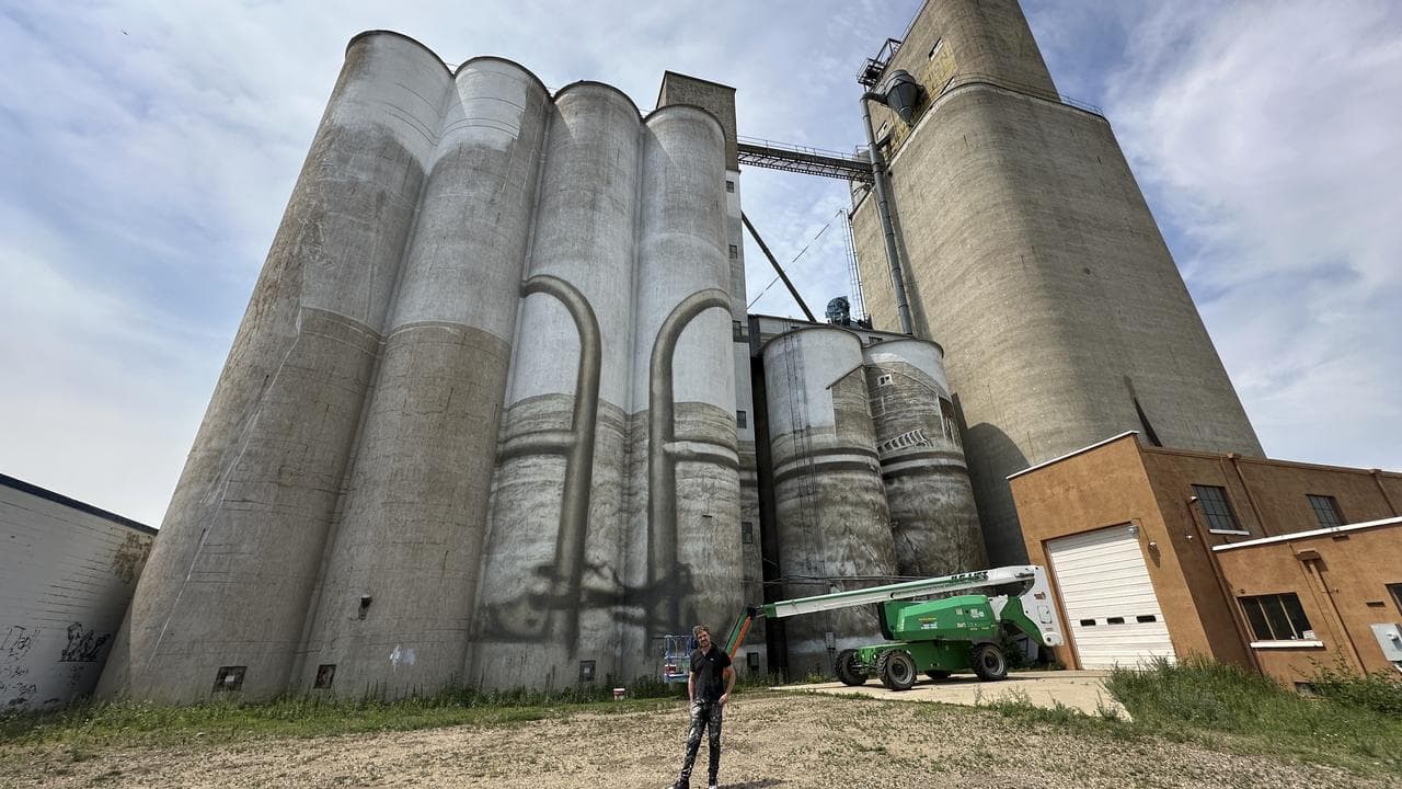 Artist Guido van Helten stands in front of the grain elevator and silo