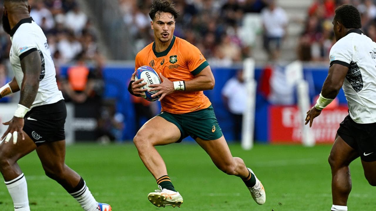Jordan Petaia plays for the Wallabies at a World Cup.