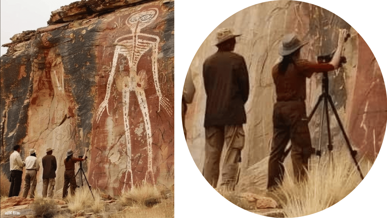 Close-up of fake Wandjina rock art