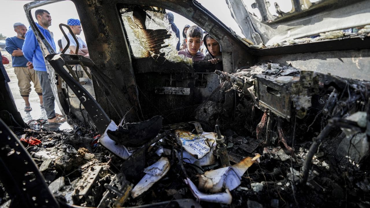 A World Central Kitchen car targeted in a drone strike in Gaza.