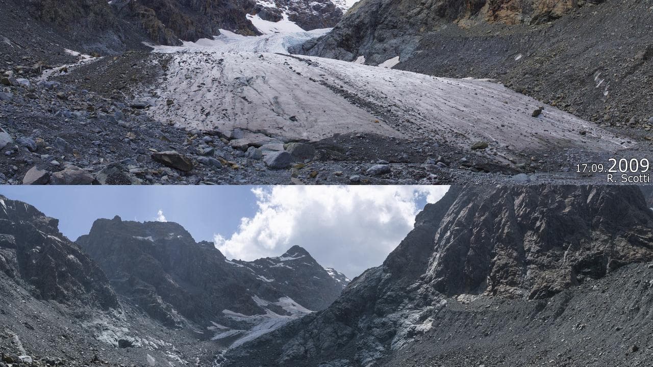 Combo image of the Ventina glacier, near Sondrio, northern Italy