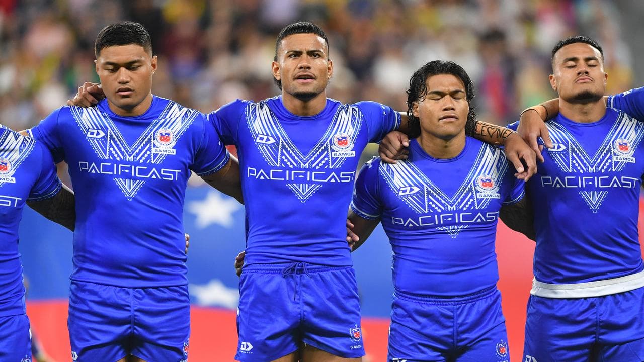 Samoa players during national anthem.