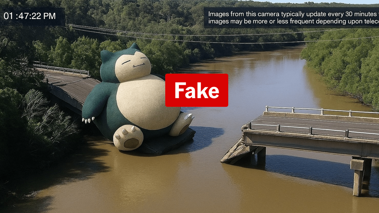 AI Snorlax on fake collapsed Saltwater Creek bridge