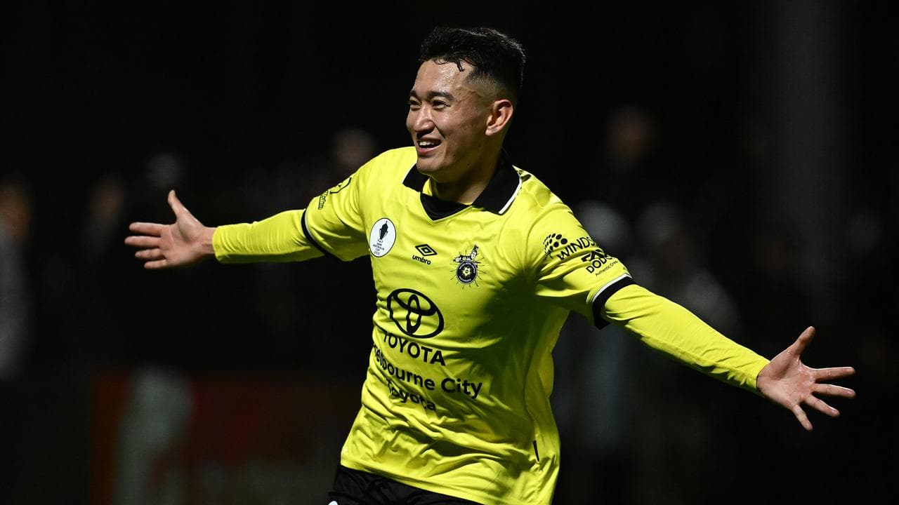 Asahi Yokokawa of Heidelberg United celebrates scoring a goal.