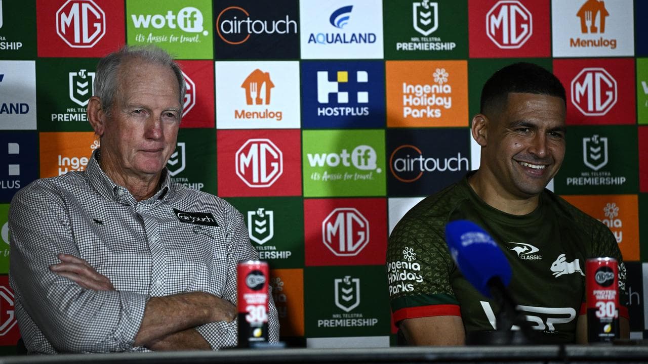 Rabbitohs coach Wayne Bennett and Cody Walker.