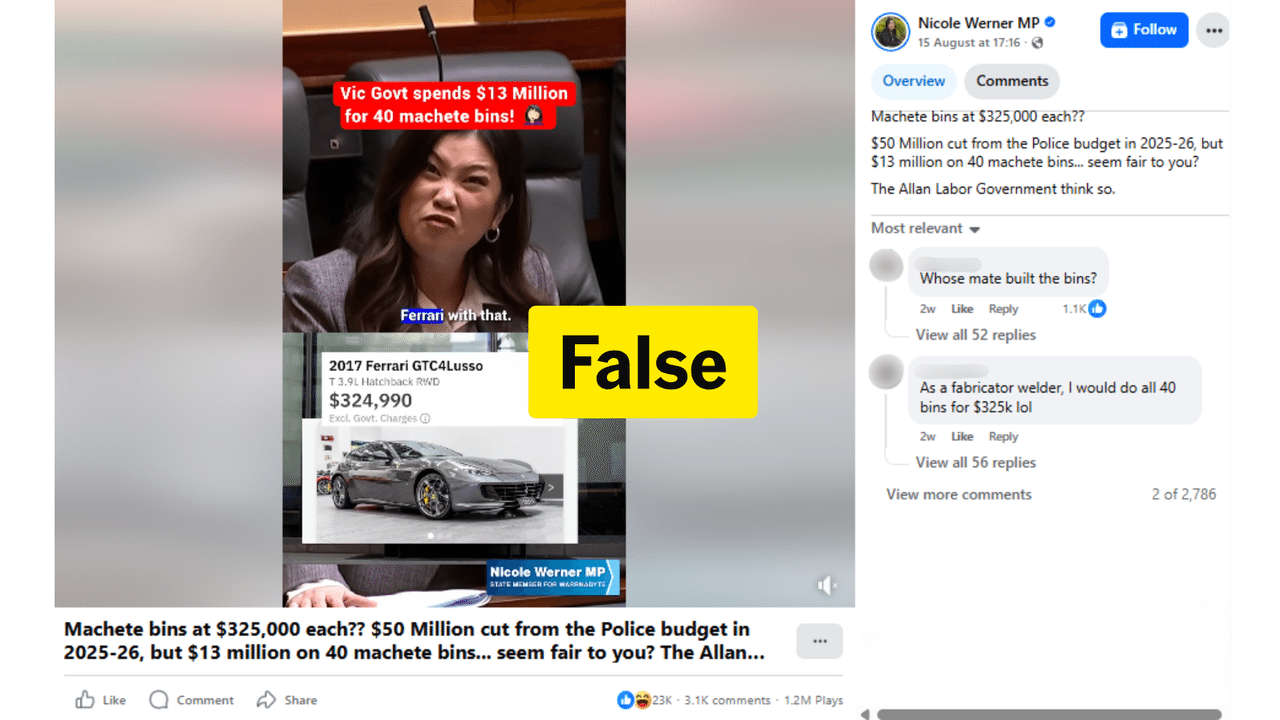 Nicole Werner claiming machete bins cost $325,000 on Facebook