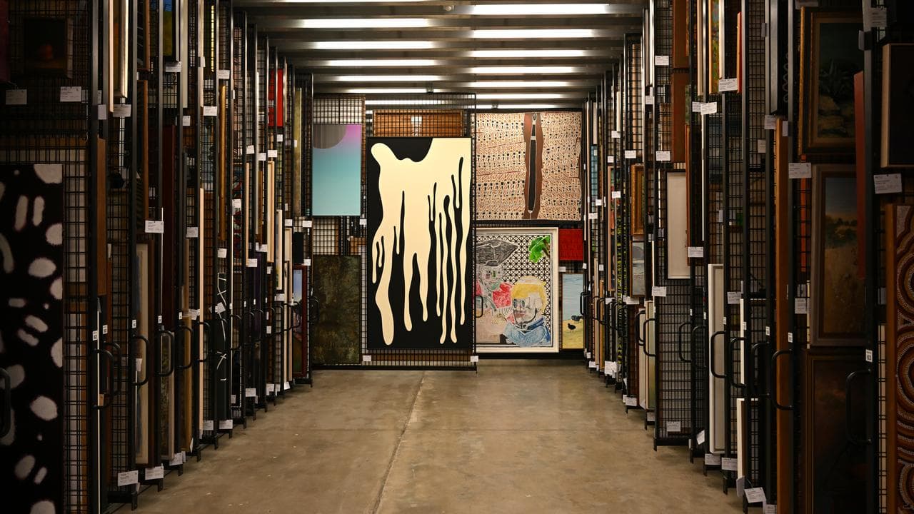 Storage racks containing work by Australian artists