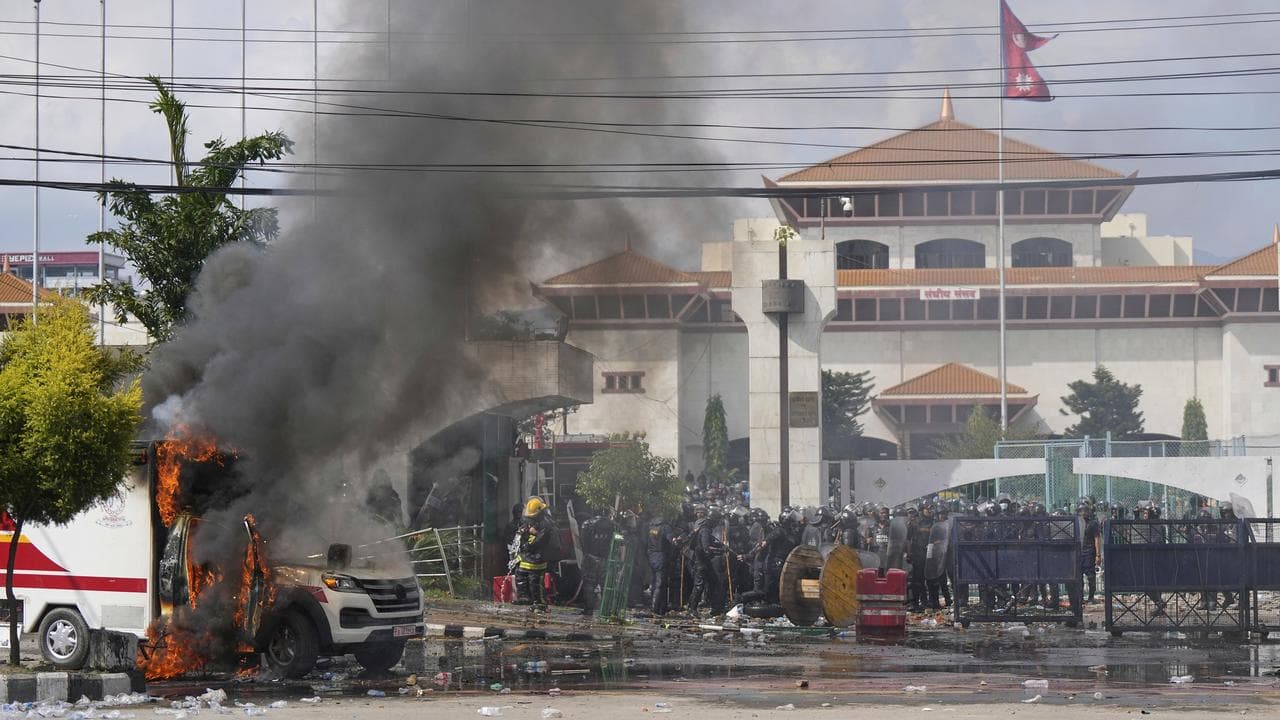 Riot police guard parliament in Kathmandu, Nepal