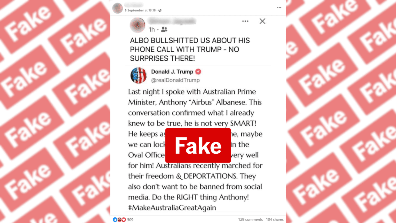 Facebook post of fake Truth Social post Trump criticising Albanese