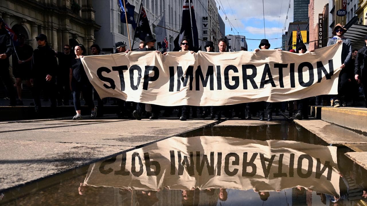 Protestors on Bourke Street, March for Australia, Melbourne, Aug, 2025
