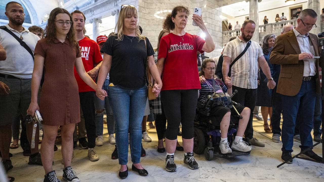 People pray for Charlie Kirk at the Capitol in Salt Lake City
