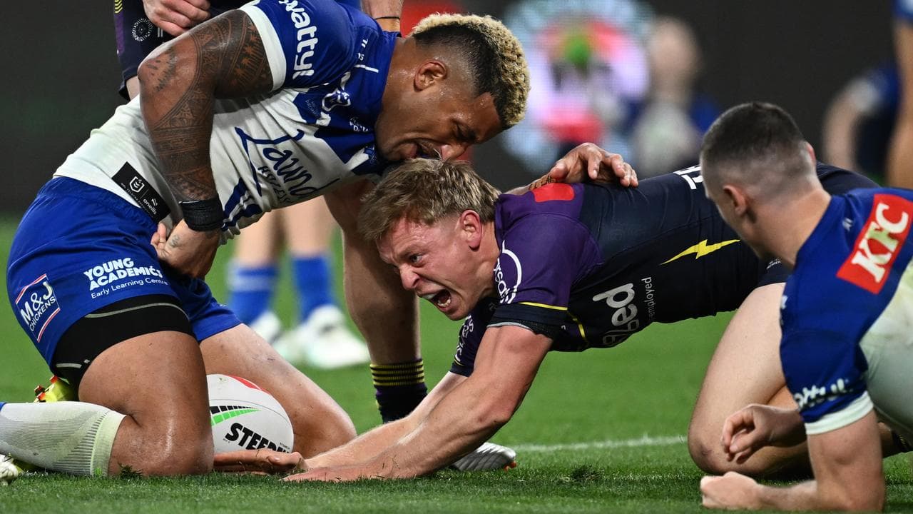 Tyran Wishart scores a late try for Melbourne.