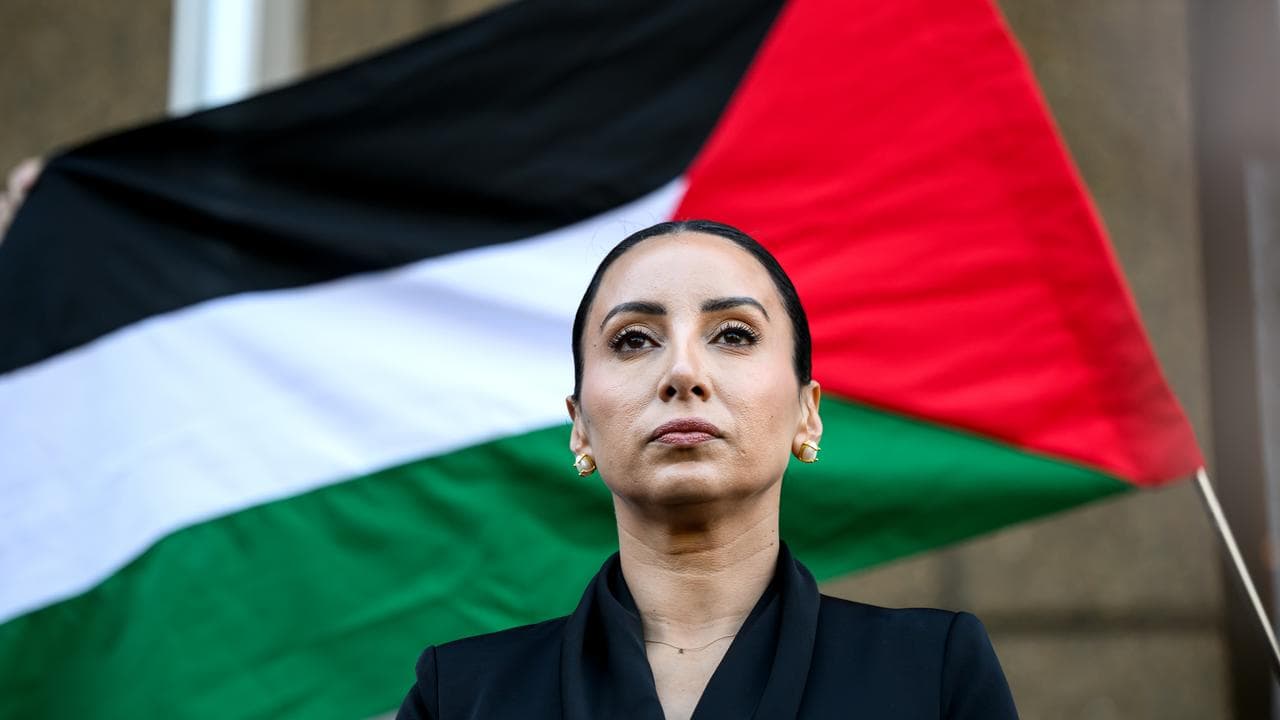 A Palestinian flag behind Antoinette Lattouf (file)