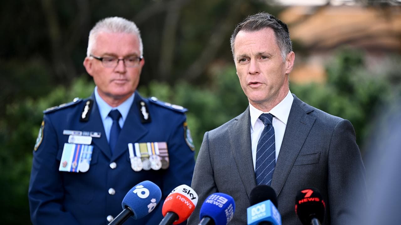 NSW Premier Chris Minns (right) speaks to the media