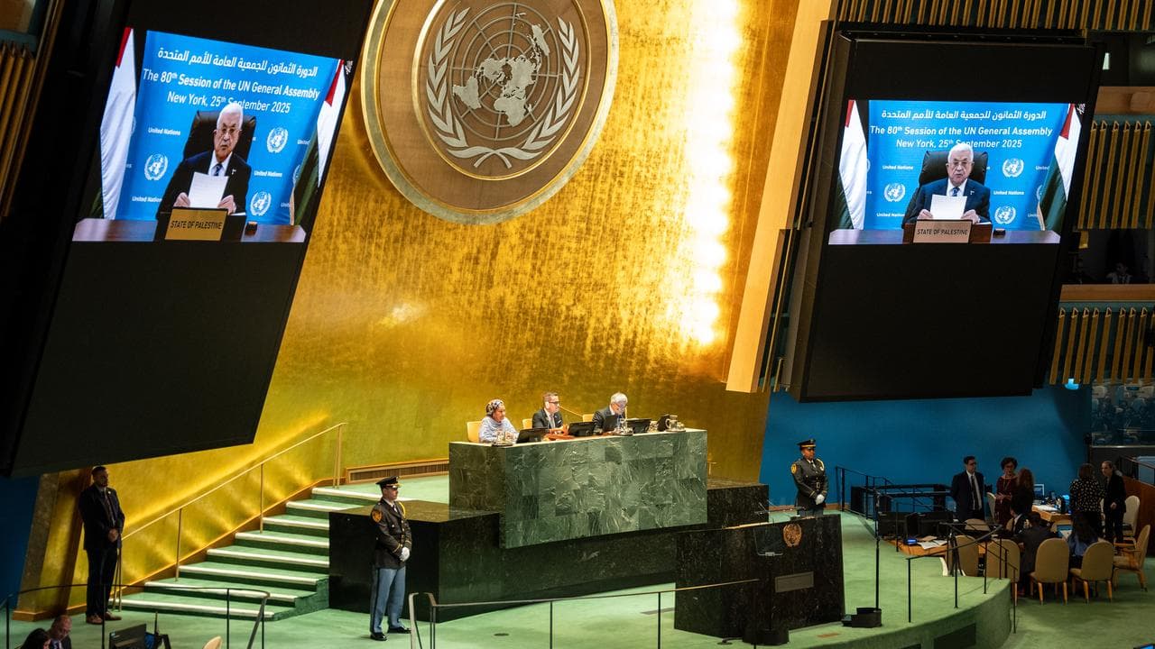 Palestinian President Mahmoud Abbas addresses the UN via video link