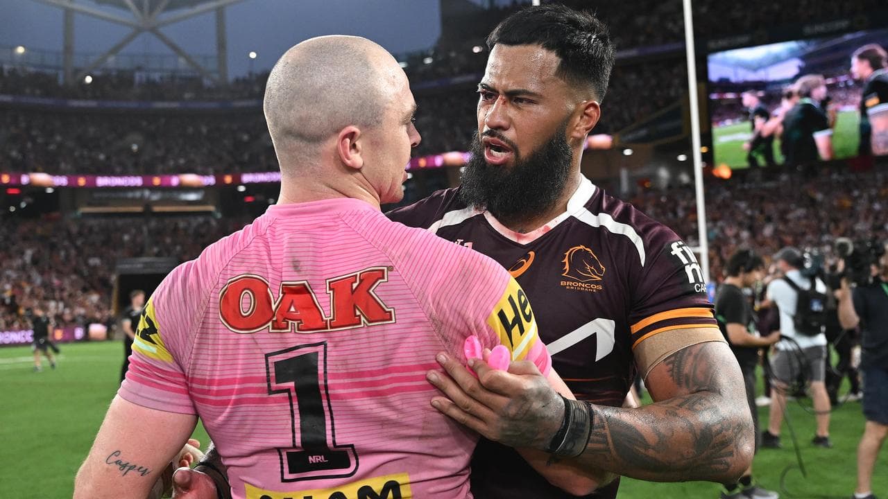 Brisbane's Payne Haas consoles the Panthers' Dylan Edwards