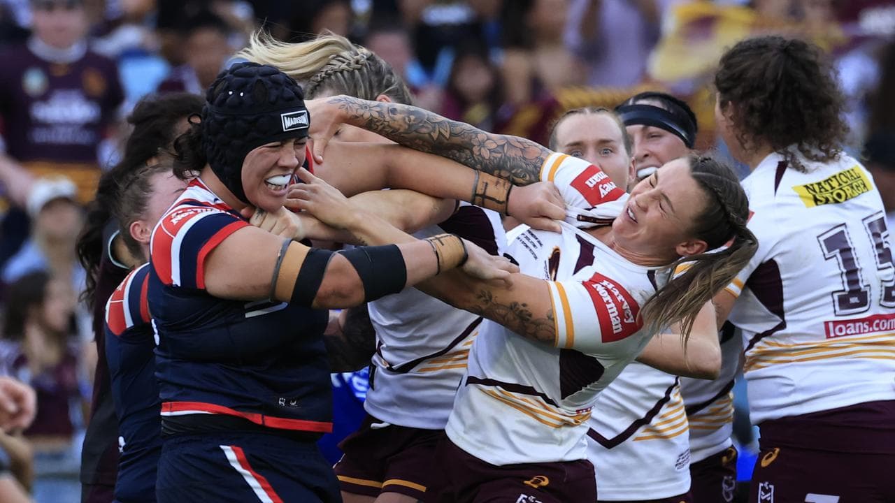 Players from both sides tussle.